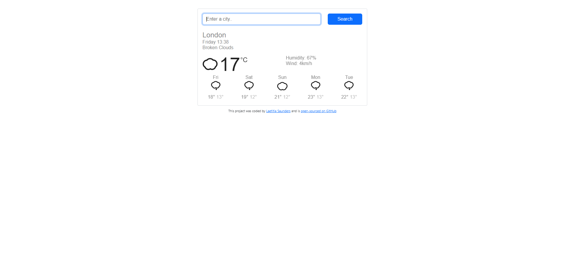 A screenshot of my React Weather App