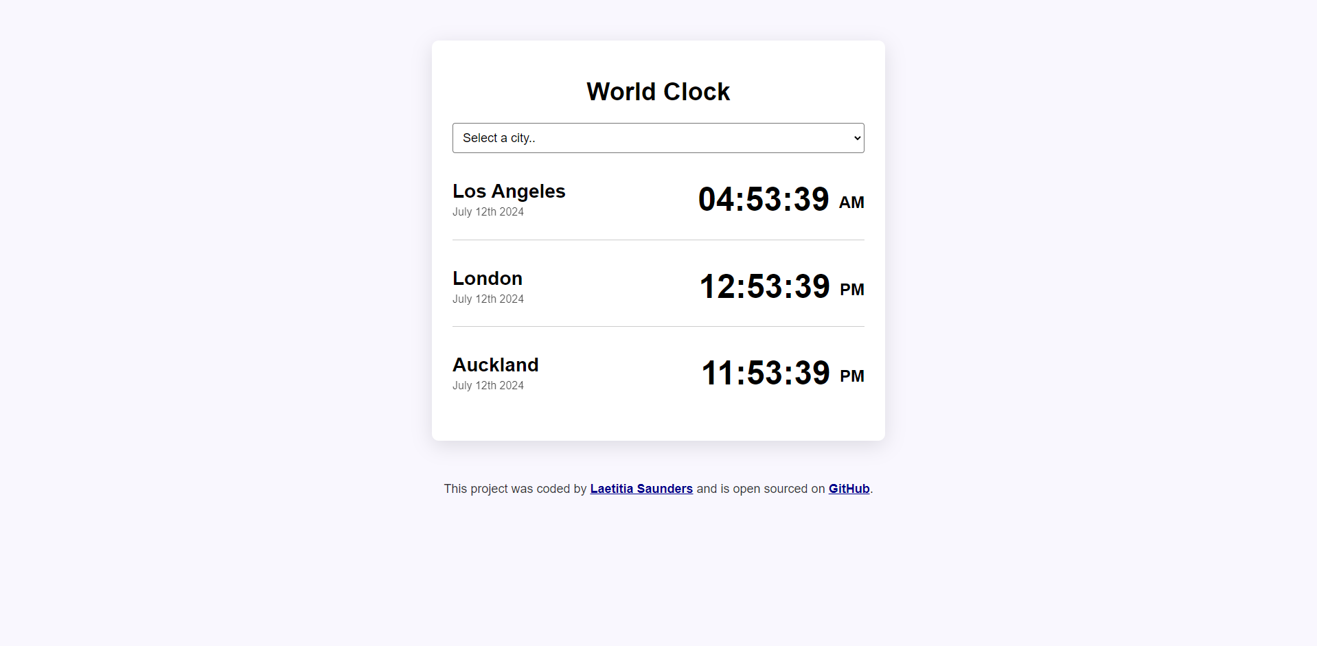 A screenshot of my World Clock App